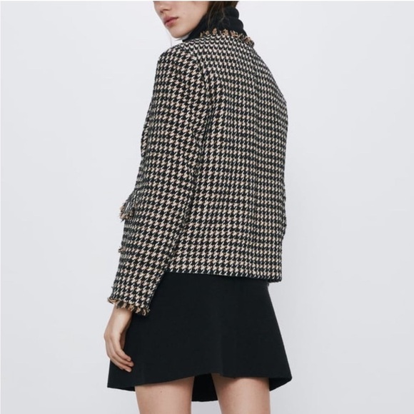 Zara Wool Tweed Houndstooth Boxy Fringe Hem Blazer Neutral Jacket size Small - Picture 3 of 13